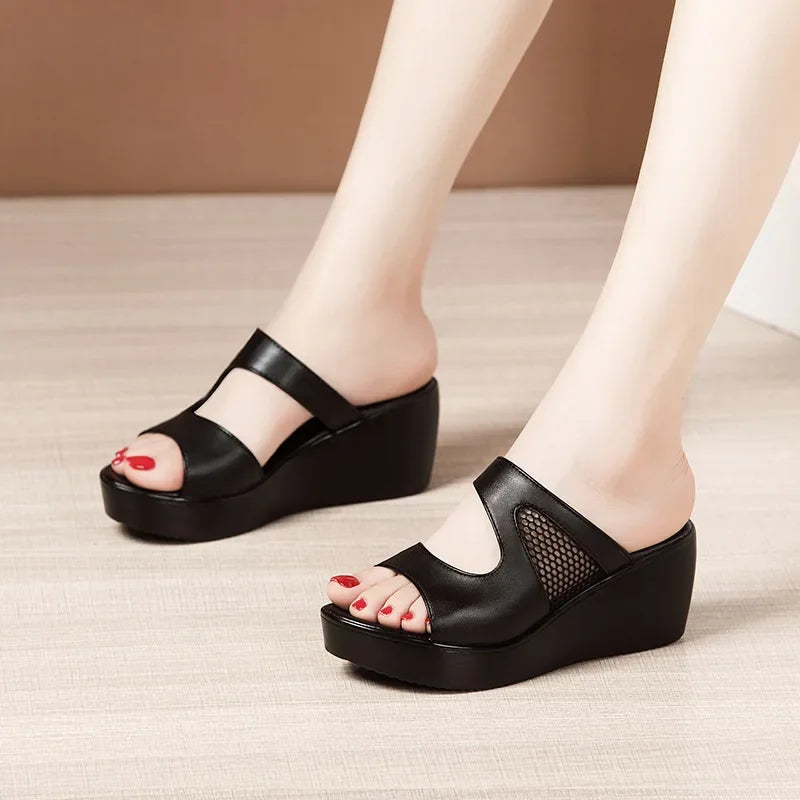 Plus Size 32-43 Platform Wedges Shoes Women Slippers Summer 2025 Cutout High Heels Slides Ladies Office Shoes Leather Slippers