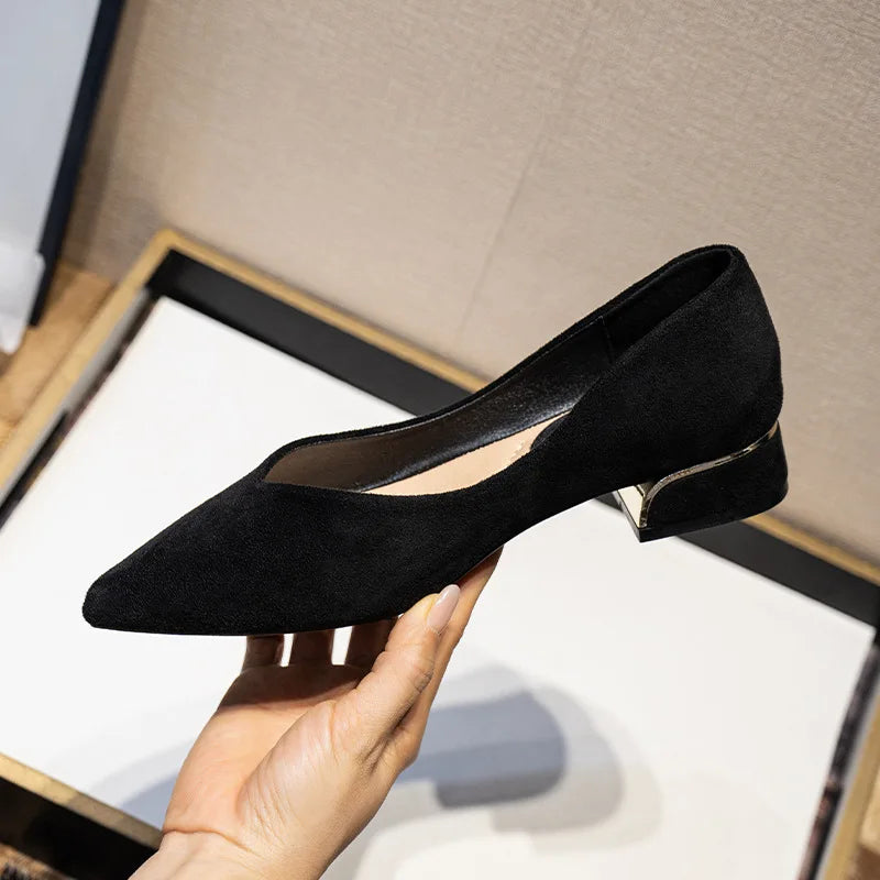 Women's Pointed Toe Simple Chunky Heel Suede Leather Shoes Plus Size Ladies Slip on Low Heel Dress Work Shoes