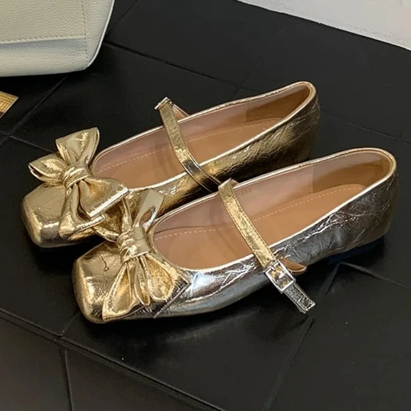 Cute Bowknot Square Toe Design Gold Women's Pumps Elegant Flat Mary Jane Shoes for Ladies Lolita Style Low Heeled Dress Heels